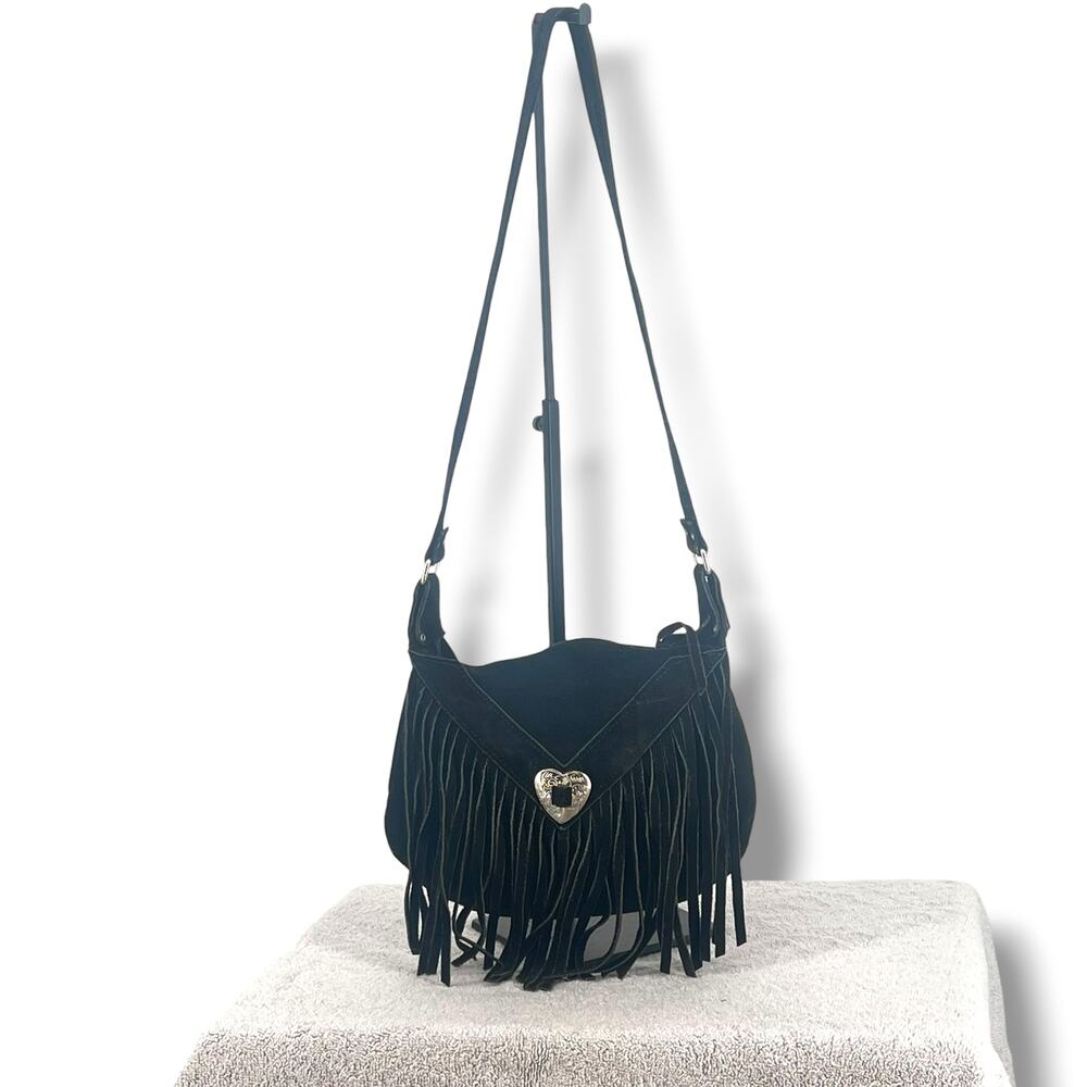 NORTH STAR LEATHER Black Suede Fringed Shoulder Bag Heart Shaped Concho  Western